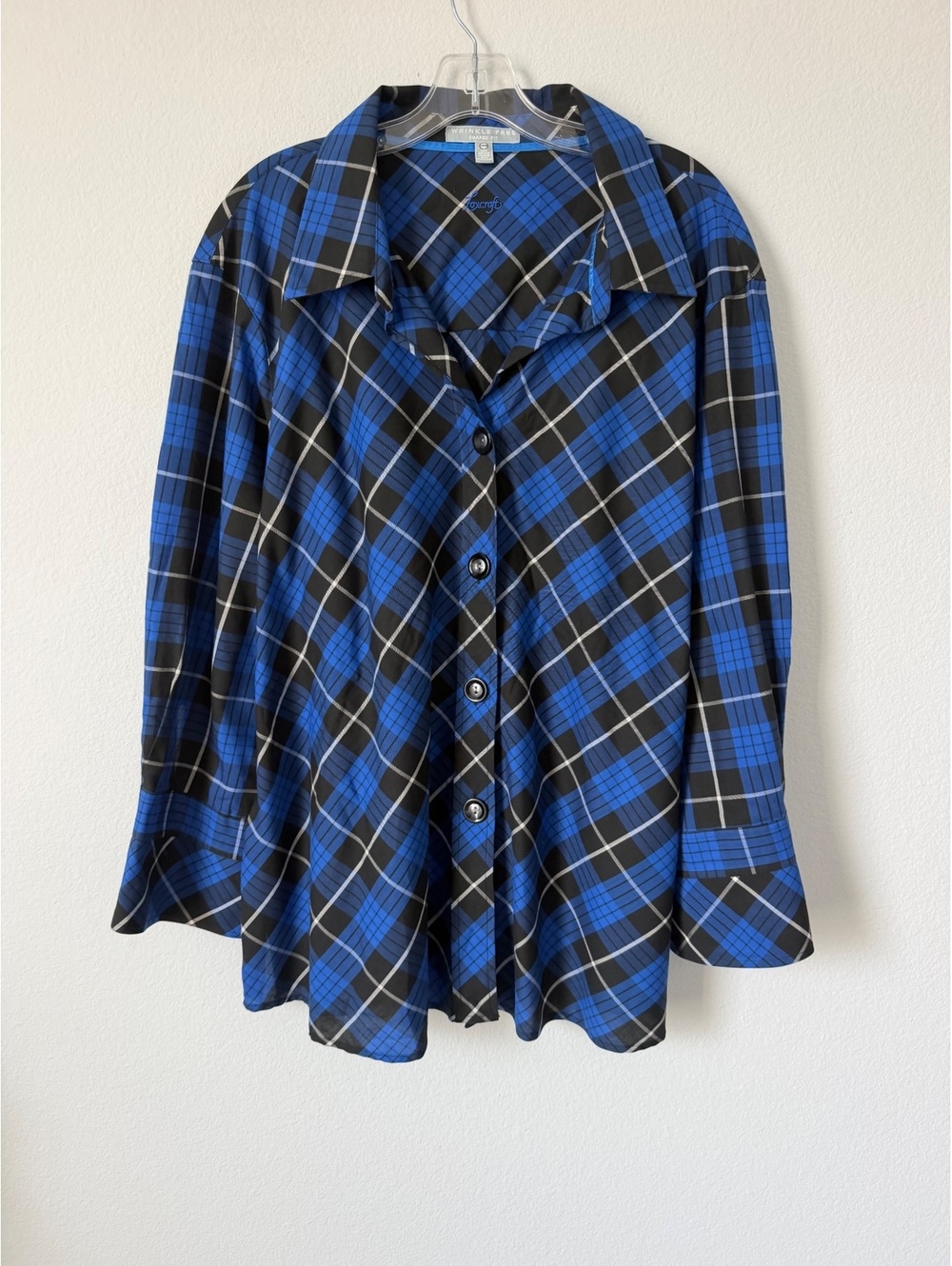 Foxcroft Black/Blue Plaid Long Sleeve Button Front Shaped Fit Shirt Size 24W